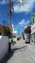 One side of the main street in New Plymouth on Green Turtle Cay